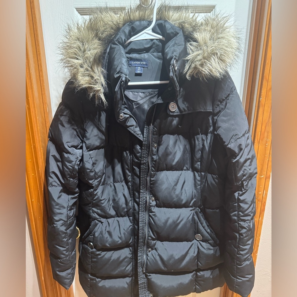 Lands End Puffer Jacket with removable faux fur hood.